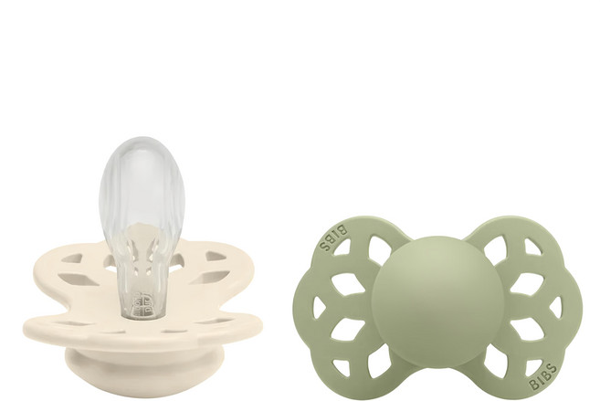 BIBS Infinity雙扁矽膠奶嘴2件組, 0~6個月, 象牙白 + 灰綠色, 1組