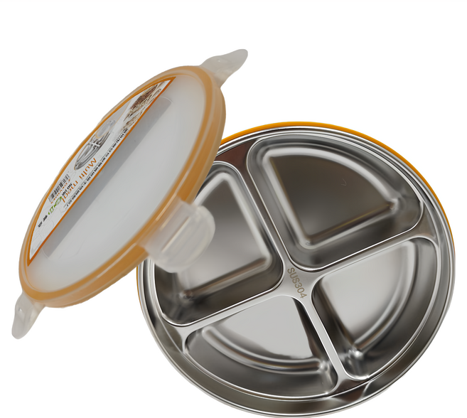 德利生活 304不鏽鋼加深分格餐盤 附蓋子, 餐盤 + 蓋子, 四格款 銀色, 1個