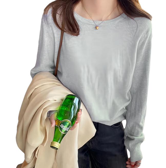 女款薄款圓領羊絨長袖打底衫