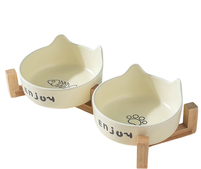 毛皇上 木架貓耳陶瓷碗 雙碗 魚骨碗 + 貓掌碗 + 木架, 黃色, 1組