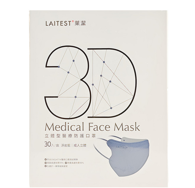 LAITEST 萊潔 3D立體型醫療防護口罩, 浮岩藍, 30個, 1盒