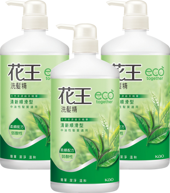 Kao 花王 洗髮精 清新順滑型 750ml 天然綠茶精華 中油性髮質適用 溫和潔淨, 3瓶