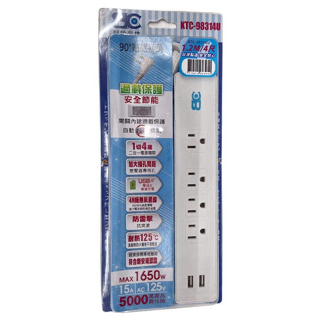 BC 博銓科技 變壓器延長線 KTC-98314U 1開4插座 2埠USB, 1.2m, 白色, 1條
