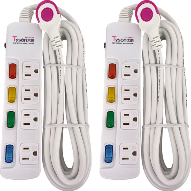 Tyson 太順電業 QPOWER 太超值 3孔4開4插防雷擊延長線插座, 4.5m, 白色, 2個