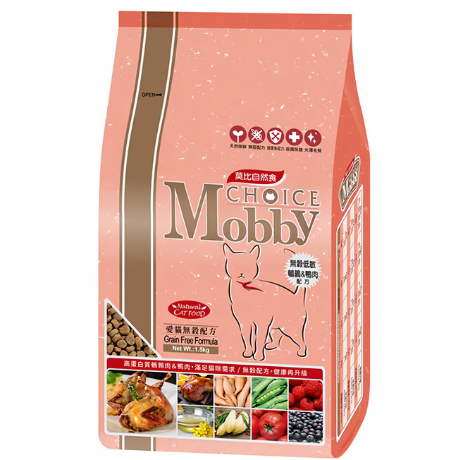 Mobby 莫比 全齡貓 愛貓無穀配方 乾飼料, 鵪鶉 + 鴨肉, 1.5kg, 1袋
