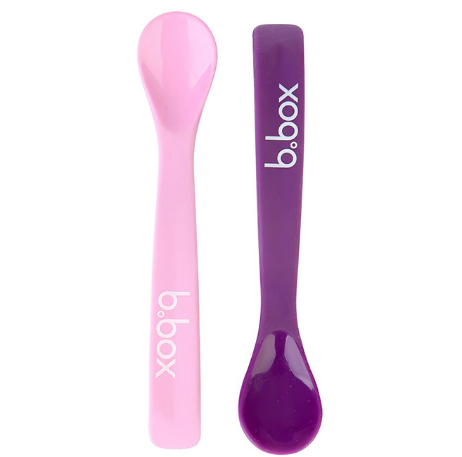 b.box 矽膠軟湯匙 兩入組 FDA食品級矽膠 耐熱溫度 -30°C~220°C 適用年齡 六個月以上, 粉+紫, 1組