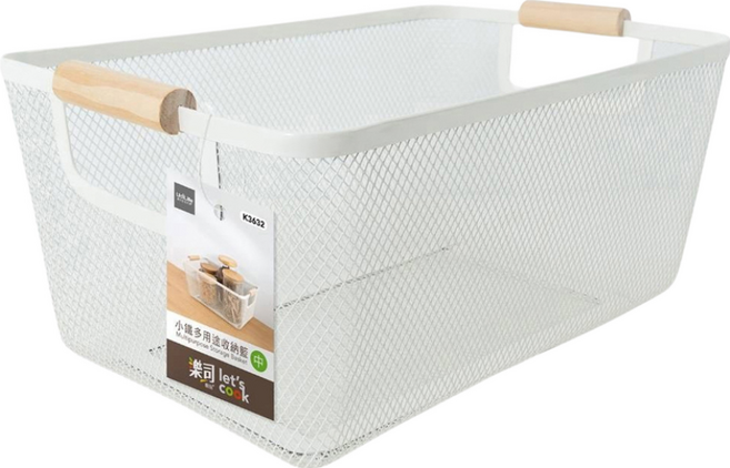 Let's cook 樂司廚品 小鐵多用途收納籃 鐵/手柄/松木, 白色, 1個