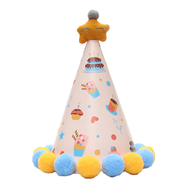 造型毛球生日帽 高約18.5cm*帽子直徑約14cm 厚卡紙, 星星黃藍, 1個