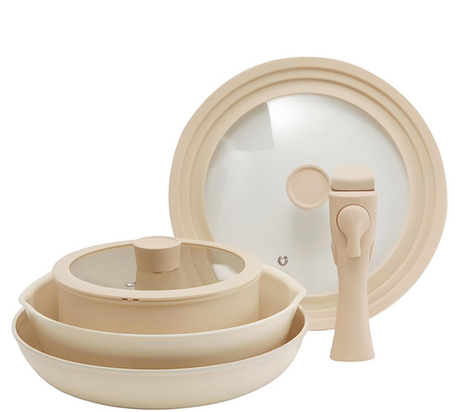 CooK&CooK 萬用IH鍋具6件組, 泡麵鍋18cm + 矽膠玻璃鍋蓋18cm + 萬用鍋24cm + 平底鍋7 26cm + 鍋蓋 22~26cm適用 + 手柄, 1組, 象牙白