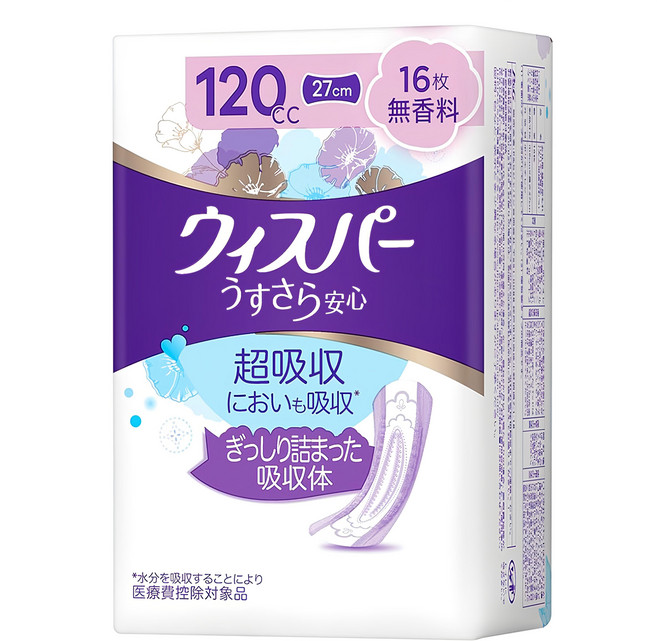 whisper 好自在 日本原裝進口 舒爽超吸收成人護墊 成人尿布 無香 120cc 無翼型, 27cm, 16片, 1包