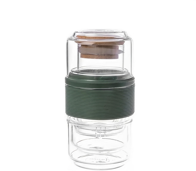 AWANA 隨身旅行茶杯組, 茶葉收納罐 + 過濾茶壺 + 高硼矽玻璃雙層杯 + 收納盒 + 擦拭布, 1組, 綠色