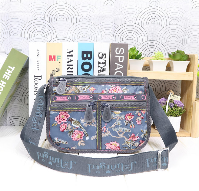 Minigirl 花朵雙口袋斜背包, 深藍色