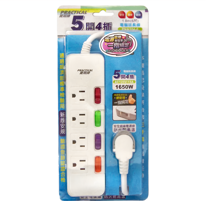 PRACTICAL 實用牌 5開4插3P延長線, 白色, 1.8m, 1個