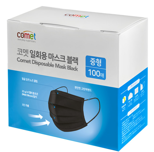 comet 中型一次性口罩, 100片, 1盒, 黑色