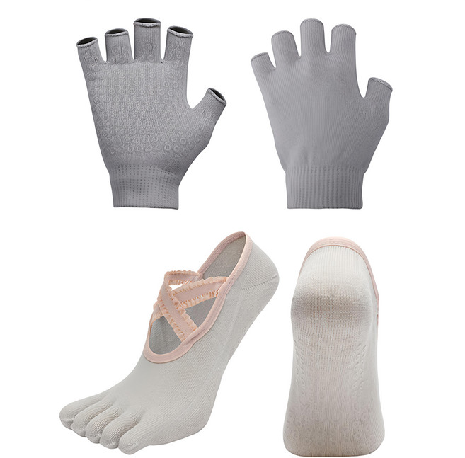 PORA BELLA 瑜珈手套普拉提襪運動健身套組 YS003, 全指灰色, 1組