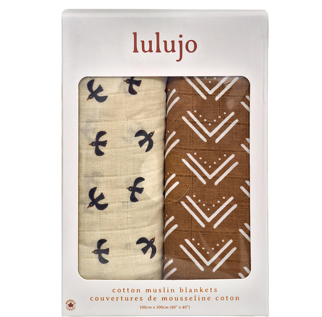 lulujo 經典多功能包巾2入組 棉質鳥類和泥布圖案