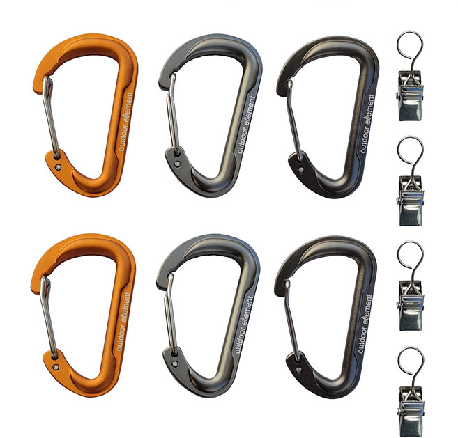 outdoor element Gearbiner Clip Set戶外露營扣環組 OEGCS 扣環6個 + 掛夾4個, 橘色 + 灰色 + 黑色