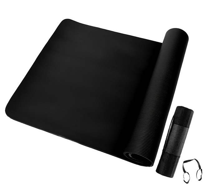 咪咪購物 加大加厚瑜珈墊 附網袋綁袋套組 10mm, 黑色, 1組