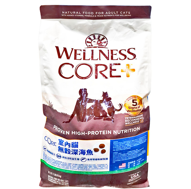 WELLNESS 寵物健康 CORE 室內貓乾飼料, 無穀深海魚, 11lb, 1袋