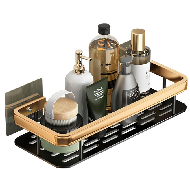 fioJa 費歐家 浴室瀝水免打孔牆上置物架 太空鋁四角 349g, 金黑色, 1個