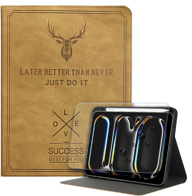 vXTRA 飛創 防潑水鹿頭壓紋 平板皮套 2代筆槽版 + 玻璃貼套組, 醇奶茶棕, 1組