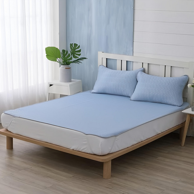 Ishur 伊舒爾 乳膠冰絲涼蓆墊 涼感冰絲表布 進口乳膠填充 可機洗 柔軟透氣, 涼蓆墊 + 枕套 x 2, 冰炫藍