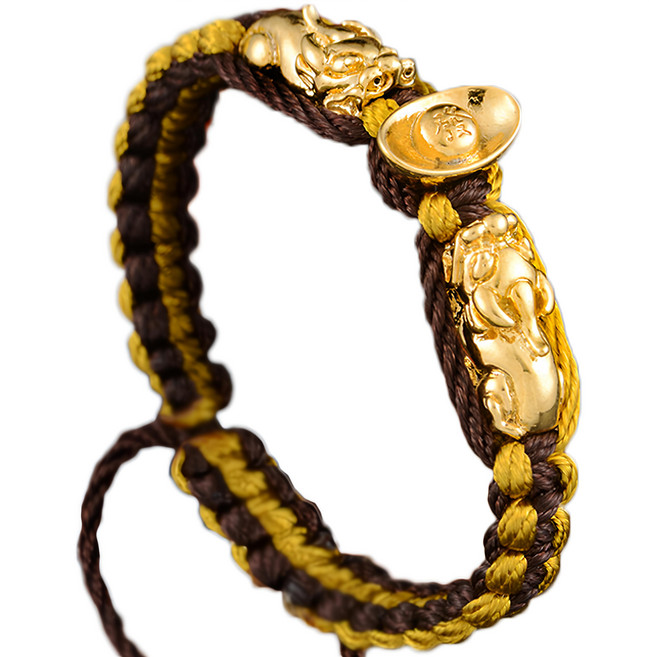 財神小舖 雙搶貔貅發財手鍊 真金電鍍 可伸縮手鍊, 金黃色, 1個