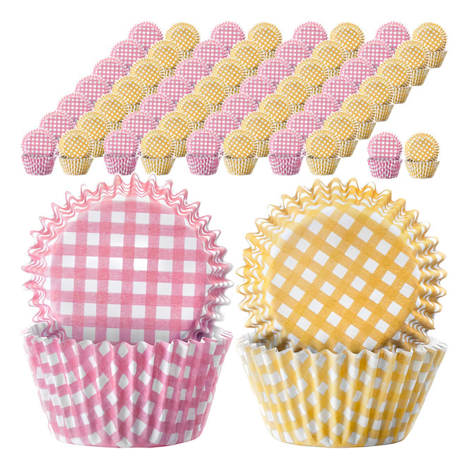 ibili Sweet 蛋糕紙模100件組, 格紋 粉色 + 黃色, 1組