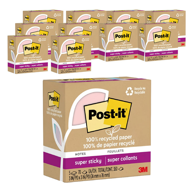 3M Post-it 利貼 狠黏100%環保再生紙-3x3便條紙(70張x12本)-粉嫩色系, 12本, 70張