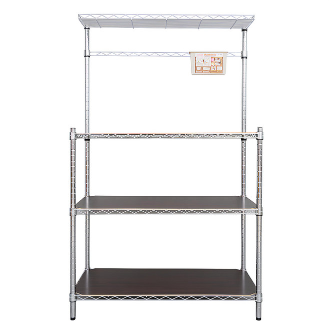 dayneeds 日需百備 輕型 電鍍插管微波爐架 廚房架 含木質墊板 + 掛架 21cm 木質墊板 90 x 45 x 150cm, 銀色 + 木色, 1個
