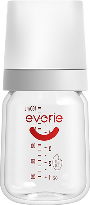 evorie 愛得利 玻璃寬口徑奶瓶 160ml 0-3個月 防脹氣, 透明色 + 白色, 1個