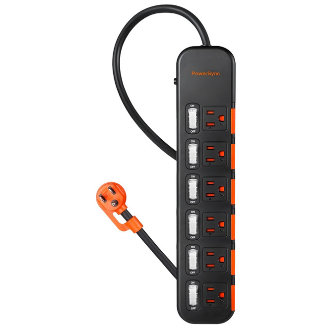 PowerSync 群加 6開6插滑蓋防塵防雷擊延長用電源線組 三孔 TS6DC627, 黑色, 1個, 2.7m