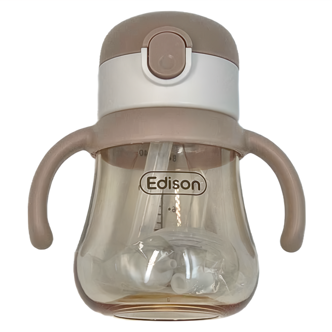 Edison 幼兒雙握把PPSU 一鍵彈蓋吸管水杯 13 x 7 .9cm 內附重力球吸管, 咖啡色, 240ml, 1個