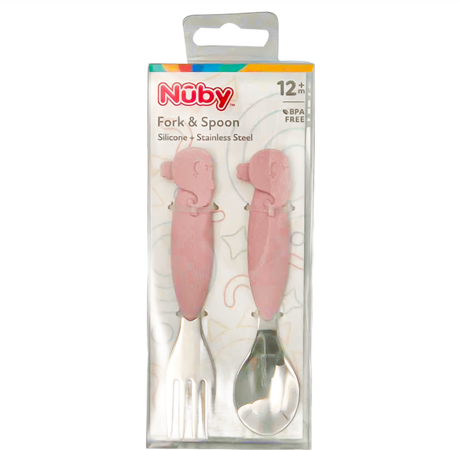 Nuby 矽膠握把叉匙組 12個月以上, 鯨魚粉, 1組