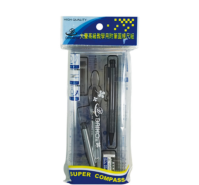 DAIHO 大豪 高級教學用附筆圓規尺組 塑膠五金樹脂材質 含直尺、三角板、量角器、自動鉛筆、自動鉛筆芯、橡膠擦, 12組, 黑色 + 透明