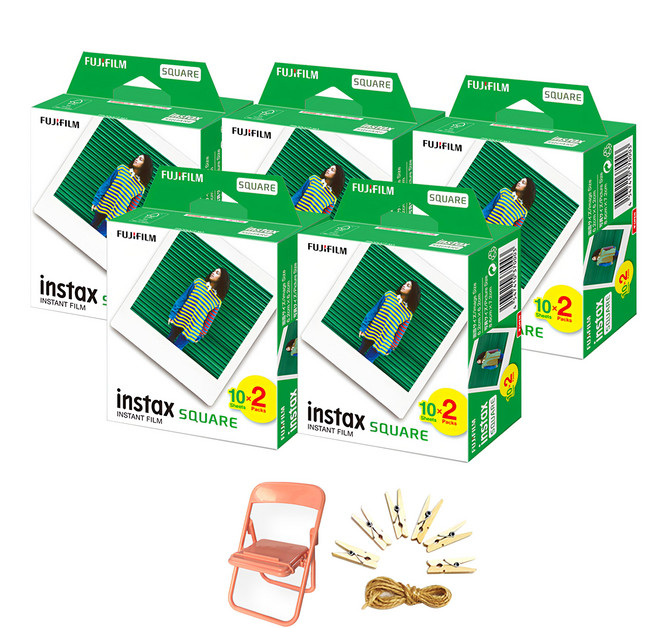 FUJIFILM 富士 instax 拍立得方形底片 100張 + 椅子造型拍照架 顏色隨機 + 相片掛繩, 1組, 單一商品