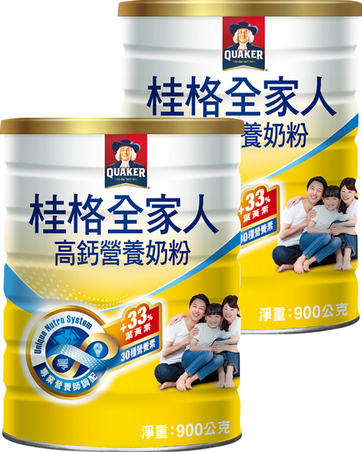 QUAKER 桂格 全家人高鈣奶粉, 900g, 2罐