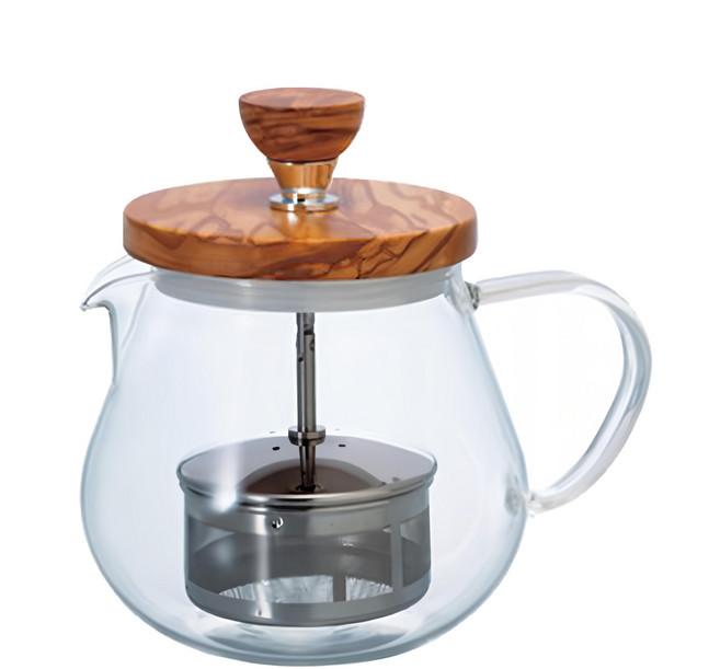 HARIO 好璃奧 橄欖木 濾壓茶壺, 橄欖木 + 透明色, 450ml, 1個