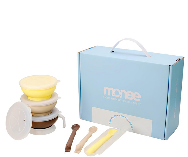 monee 寶寶學習餐具禮盒, 檸檬黃 + 咖啡色 + 奶茶棕, 湯匙 + 碗, 1組