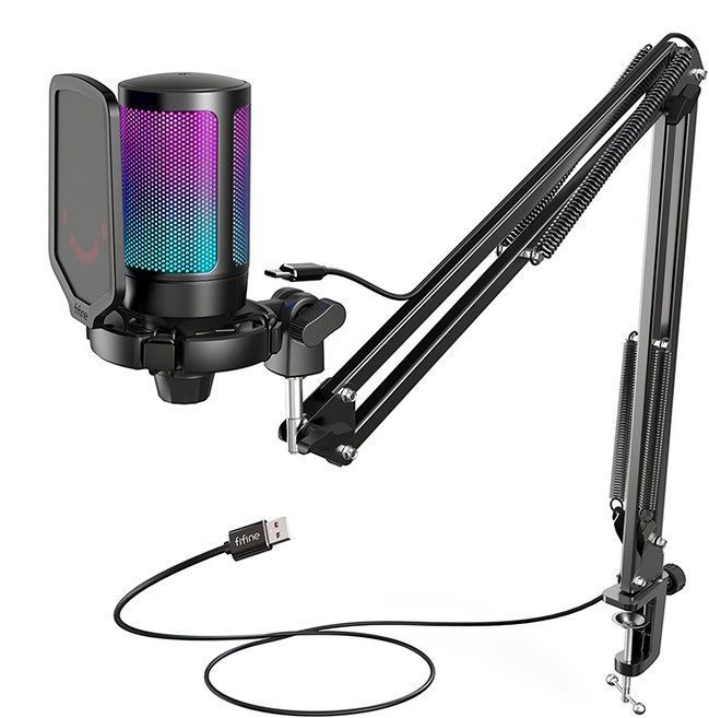 Fifine USB心型指向電容式RGB麥克風 精準捕捉人聲 USB/Type-C隨插即用 RGB七種漸變色彩 防噴罩 防震架 快速靜音, A6T, 黑色