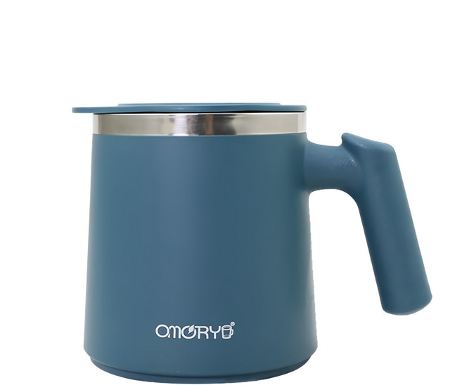 OMORY 304寬底獨享把手杯 304不鏽鋼內膽 8.5cm大杯口 附杯蓋防塵、湯匙 420ml, 靛藍色, 1個