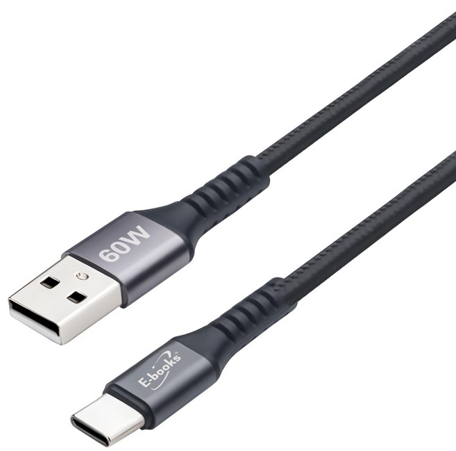 E-books XA40 鋁製 USB-A-C 60W 充電傳輸線 1m + 2m, 黑色, 1盒