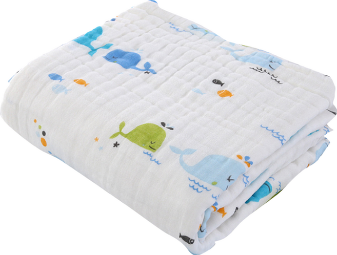 ANTIAN 純棉六層紗布嬰兒浴巾/童被, 鯨魚 白色
