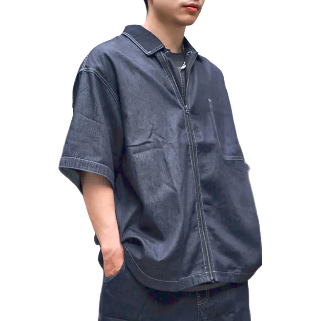 BOHRHOO Zipper Denim Shirt 短袖牛仔襯衫外套 輕水洗