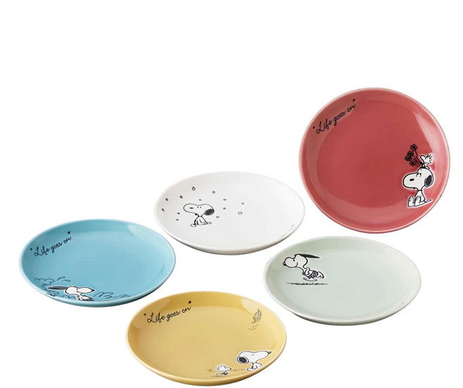 yamaka 山加商店 Snoopy 陶瓷盤5件組, 5個陶瓷盤, 紅色 + 藍色 + 黃色 + 綠色 + 白色, 1組