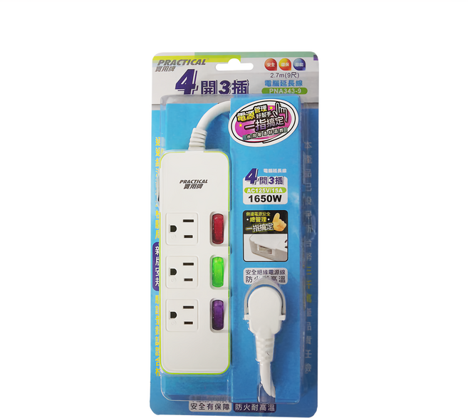 PRACTICAL 實用牌 4開3插延長線 AC125V 15A 1650W MAX 2.7m, 白色, 1個