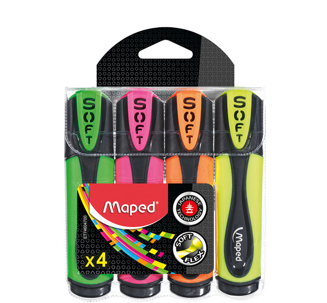 Maped 超軟筆頭螢光筆 - 出水量適中 可畫出1-5mm的線條, 綠色 + 橘色 + 粉色 + 黃色, 4支