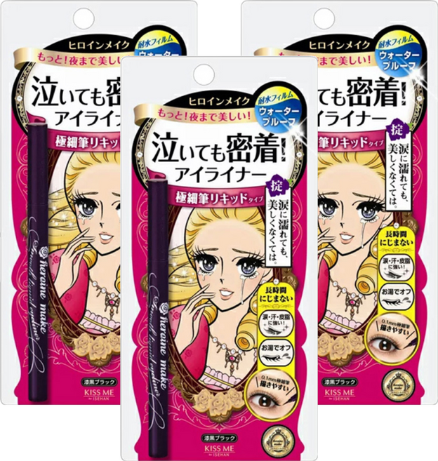 KISSME 奇士美 heroine make 花漾美姬 零阻力眼線液筆 防水 極細筆頭 溫水可卸, 3支, 01 絲滑濃黑