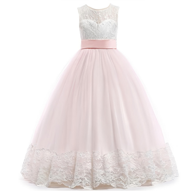 愛貝比 拼接刺繡蕾絲緞帶長裙 五層紗裙 桃心領 禮服