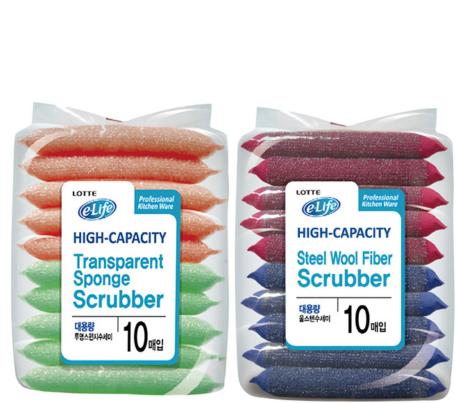 LOTTE 樂天 e.Life 海綿菜瓜布+鋼絨菜瓜布, 10入, 2包